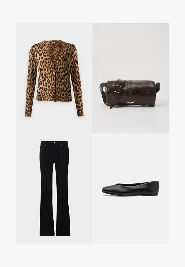 Karirani kardigan s uzorkom leoparda napravljen od mekanog materijala, s v-izrezom, dugim rukavima i šest dugmadi sprijeda. Smeša smeđe i crne boje.; Bijela dugorukava majica s okruglim izrezom s malom oznakom "Tiger of Sweden" na izrezanom dijelu, na jednostavnoj pozadini.; Crne široke traperice izrađene od denima, s dva prednja džepa, kopčanjem na dugme i glatkom teksturom. Potpisna šavova vidljiva na šavovima.; Paul Smith TOPANGA - Balerinke - black; Smeđa torba od kože s embosiranim krokodilskim uzorkom, cilindričnog oblika, zlatne hardverske detalje i odvojivu naramenicu sa čavlima.