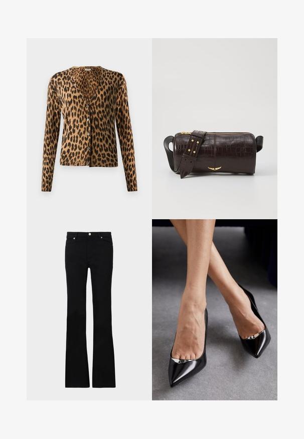 Kardigan im Leopardenmuster aus weichem Stoff, mit V-Ausschnitt, langen Ärmeln und sechs Knöpfen auf der Vorderseite. Farbschema in Braun und Schwarz.; Langärmliges, hellbeiges Oberteil mit rundem Ausschnitt. Aus weichem Stoff gefertigt, verfügt es über eine zentrale Naht und einen leicht geschwungenen Saum. Keine sichtbaren Beschläge.; Schwarze, ausgestellte Jeans aus Denim, ausgestattet mit zwei Fronttaschen, einem Knopfverschluss und einer glatten Oberfläche. Signatur-Nähte an den Nähten sichtbar.; Schwarze Leder-Pumps mit hohem Absatz, spitzer Zehenform und offenem Design, ausgestattet mit einem dekorativen silbernen Akzent. Glatte Textur mit poliertem Finish.; Braune, krokodilgeprägte Lederhandtasche mit zylindrischer Form, goldfarbener Hardware und einem abnehmbaren Tragegurt mit Nieten.