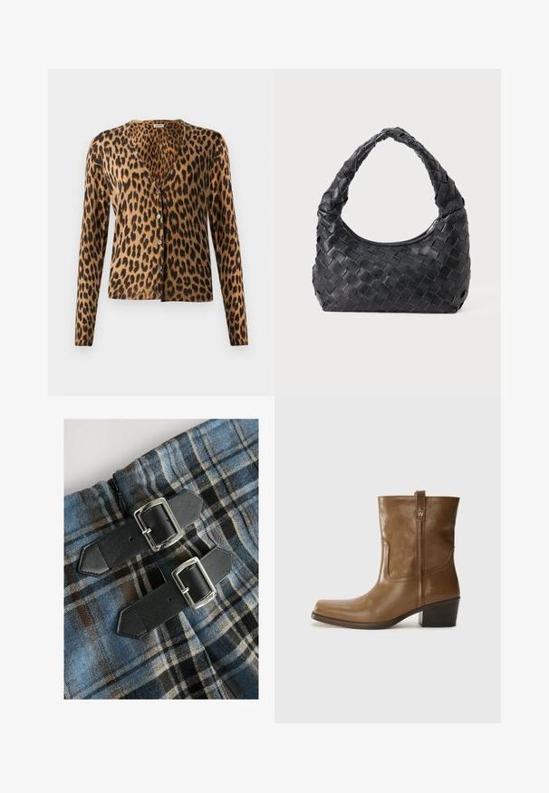 Leopárd mintás kardigán puha anyagból, V-kivágással, hosszú ujjakkal és hat gombbal az elején. Barna és fekete színkombináció.; Hosszú ujjú fehér póló, puha anyagból készült, kerek nyakkivágással és testhezálló szabással. Minimalista dizájn, minta vagy kiegészítő nélkül.; Kockás textil kék, barna és fekete színekben, két fekete műbőr hevederrel, ezüst csatokkal a deréknál. Cipzár látható.; Barna bőrből készült bokacsizma négyzet alakú orral, texturált felülettel és alacsony, rakott sarkával. Hátsó húzófüllel és finom varrási részletekkel rendelkezik.; Fekete bőr, fonott válltáska lekerekített fogantyúval és hold alakú testéval egyszínű háttéren.