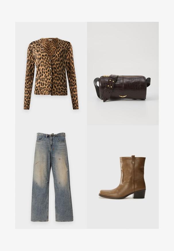 Leopard print cardigan made of soft fabric, featuring a v-neck, long sleeves, and six buttons down the front. Brown and black color scheme.; Black tank top with thin spaghetti straps, made of a ribbed fabric, featuring a straight cut and a label at the neckline reading "IVY OAK."; Light blue denim jeans with a loose, straight-leg design. Features whiskering, fading, and distressed details near knees. Classic five-pocket style.; Brown leather ankle boot with a square toe, textured finish, and a low stacked heel. Features a rear pull tab and subtle stitching details.; Brown crocodile-embossed leather bag with a cylindrical shape, gold-tone hardware, and a detachable strap featuring studs.