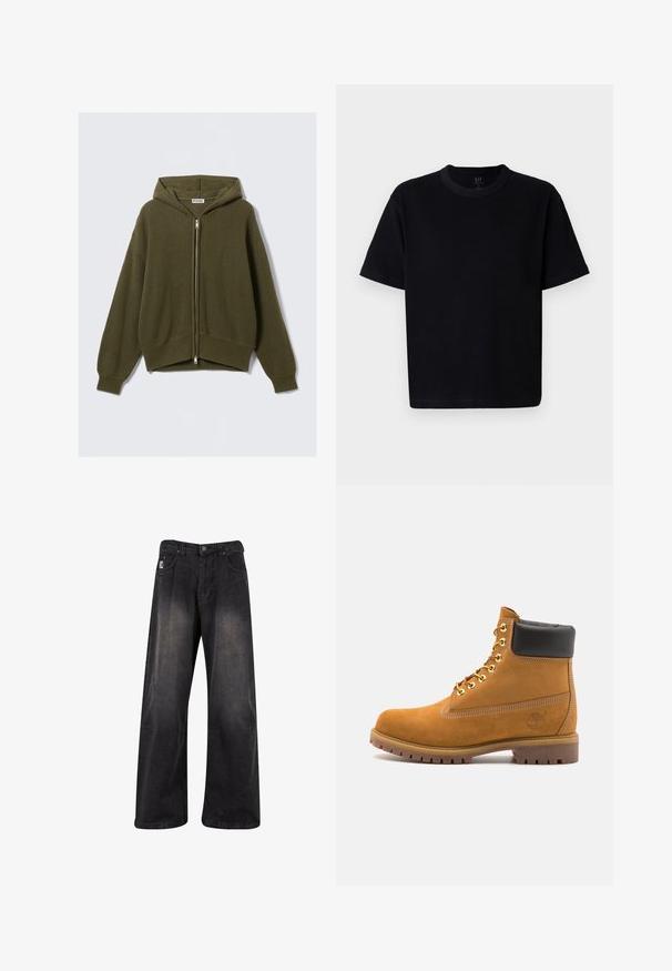 Oliven grønn, rillet strikket hettegenser med glidelås foran, løs passform, senket skuldre og elastiske mansjetter. Har en foret hette og en cropped hem.; Svart bomulls t-skjorte med rund hals, korte ermer og rett snitt. Har minimal søm og en myk, glatt tekstur.; Svarte vid leg denimbukser med en falmet finish, med knappelukking, fem lommer, og et merkepute på venstre front.; Beige semskede ankelstøvel med svart polstret krage, gullmetalløyer, hvite sømdetaljer og robust gummisåle med påfallende mønster.