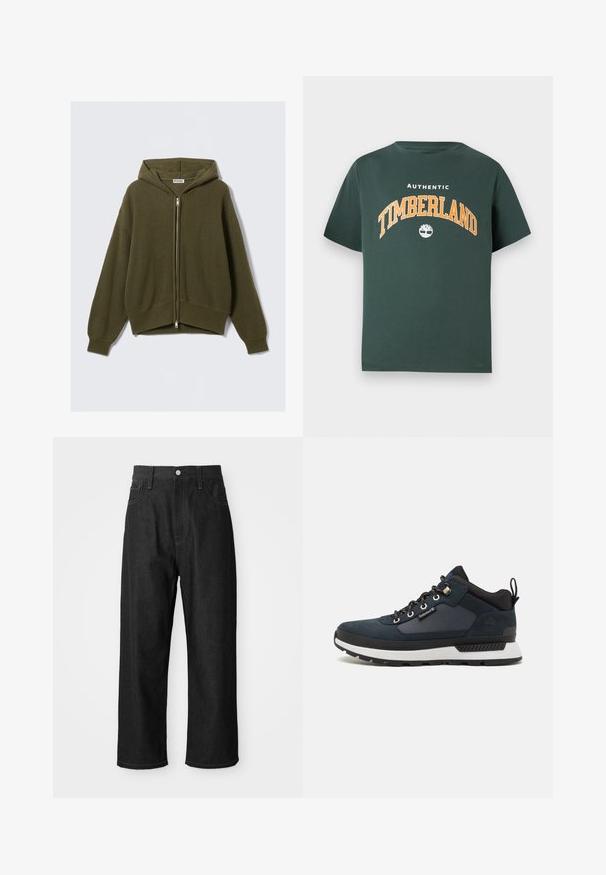 Alyvuogių žalia, raukšlėta megzta kapučino su užtrauktuku priekyje, laisvu siluetu, žemais pečiais ir elastinėmis rankovėmis. Yra pamušalu kapučinas ir trumpas apatinis kraštas.; Žalias medvilninis marškinėliai su apykakle ir trumpomis rankovėmis. Papuoštas tekstu "AUTENTIŠKAS TIMBERLAND" balta ir oranžine spalvomis, po kuriuo yra medžio logotipas.; Juodi džinsai su laisvu siluetu, aukštu liemeniu, užtrauktuko uždarymu ir penkių kišenių dizainu. Matoma siuvinėjimo akcentai visur.; Tamsiai mėlynos spalvos žygio batai su zomšos ir tekstilės viršumi, balta tarpvairo dalimi, juodu padu ir metaliniais akytėmis. Yra užpakalinė kilpa, skirta lengvam užsivilkimui.