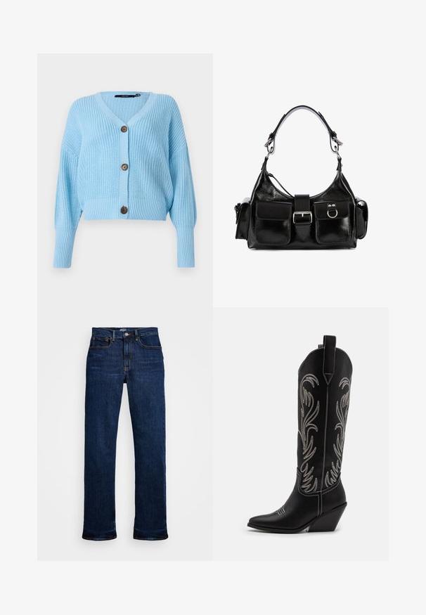 Svetlobluzna skrajšana jakna iz ribane pletenine, z V-izrezom, dolgimi rokavi in tremi rjavimi gumbi spredaj.; Siva majica s kratkimi rokavi in okroglim izrezom, izdelana iz gladkega, raztegljivega materiala. Ima oprijet kroj in diskreten logotip.; Temno modri kavbojki z ravnim krojem, ki imajo pet žepek, bakrene šive in klasično gumbasto zapiranje.; Črne usnjene kavbojske čevlje s koničastimi prsti, klinastimi petami in srebrnimi vezeninami cvetnega vzorca po vsej dolžini. Kontrastno šivanje povsod.; Črna usnjena torbica z bleščečo površino, ki ima središnjo zaponko, dve sprednji žepki in kratek naramni trak.