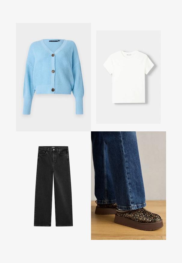 Ljust blå croppad kofta i ribbat stickat material, med V-hals, långärmar och tre bruna knappar fram.; Vit t-shirt i bomull med rund halsringning och korta ärmar. Enkelt mönster, slät yta, inga mönster eller accenter.; Bredbenta svarta denimjeans med ett subtilt vertikalt randmönster, med femfickorsdesign och en klassisk knäppning i midjan.; Leksaksskor i leopardmönster med en tjock brun sula, parat med blå vida jeans, vilande på ett trägolv.