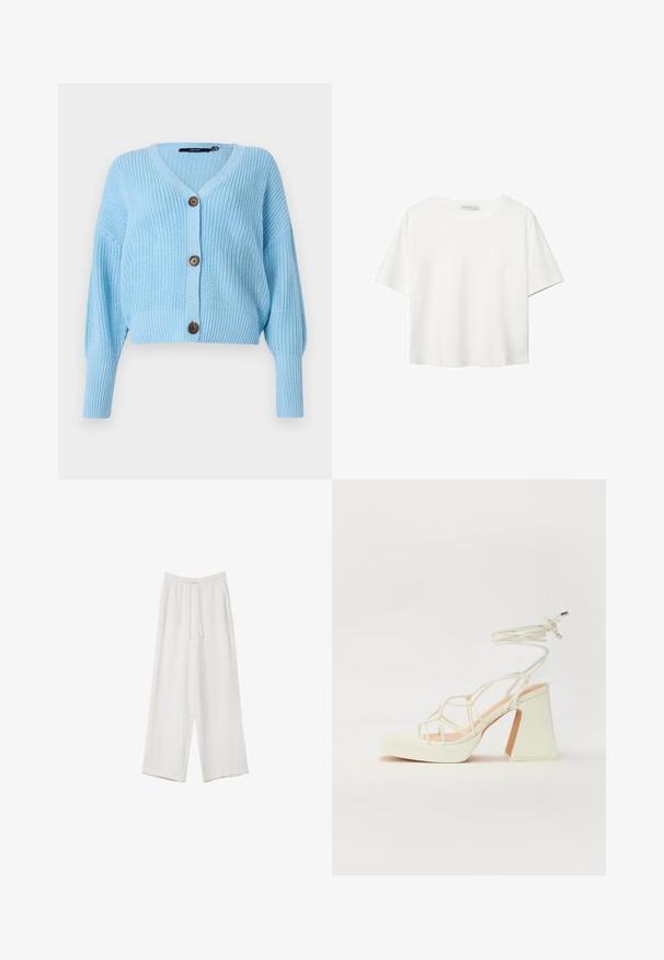 Světle modrá zkrácená cardiganová mikina z ribkového úpletu, s výstřihem do V, dlouhými rukávy a třemi hnědými knoflíky vpředu.; Bílý krátký rukáv tričko vyrobené z bavlny. Má kulatý výstřih a volný střih. Hladký materiál bez viditelných vzorů nebo akcentů.; Bílé široké kalhoty vyrobené z lehké tkaniny. Mají elastický pas se šňůrkou a boční kapsy. Hladká textura.; Bílé sandály na vysokém podpatku s robustním podpatkem, s designem s pásky a zavazováním kolem kotníku. Hladký povrch s platformou vpředu pro zvýšení výšky.