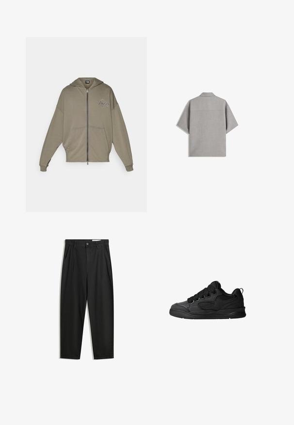 Olivovo zelená mikina s kapucňou, s predným zipsom, prednými vreckami, vo voľnom strihu, s vyšívaným logom "Los Angeles Lakers" na ľavej hrudi.; Bershka SHORT SLEEVE TAILORED - Košeľa - dark grey; Čierne bavlnené nohavice s voľným strihom, s klasickým pásom, prednými záhybmi a bočnými vreckami. Hladká textúra bez vzorov.; Čierne tenisky s textúrovaným zvrškom, s šnúrkami, sieťovinovými akcentmi pre priedušnosť, polstrovaným golierom a pevnou podošvou.