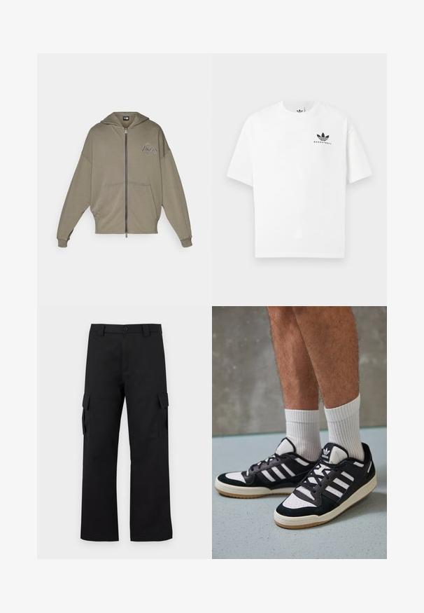 Sweatshirt verde-oliva com capuz, fecho zip, bolsos frontais, corte solto, possui logótipo bordado "Los Angeles Lakers" no lado esquerdo do peito.; T-shirt de algodão branco com mangas curtas, apresentando um logótipo preto "BASKETBALL" e o icónico design de três riscas na parte da frente.; Calças cargo pretas com um design de perna reta. Feitas de um tecido durável, apresentam dois bolsos laterais com fechos de aba e um fecho de botão.; Ténis em preto e branco com upper em camurça e couro, apresentando três riscas brancas, um toe perfurado e uma sola em borracha de goma.