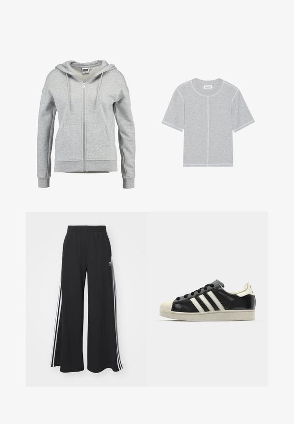 Szürke cipzáros kapucnis pulóver puha pamut keverékből. Bélelt kapucnival, két elülső zsebbel, valamint bordás mandzsettákkal és hemmen rendelkezik.; Szürke pamut póló rövid ujjakkal, kerek nyakkivágással és kontrasztos fehér varrással az illesztéseken és az alján. Egyszerű, díszítés nélküli dizájn.; Fekete, bő szárú melegítőnadrág, rugalmas derékkal, fehér oldalsávokkal és hímzett logóval a bal combon.; Fekete bőrsneaker fehér csíkokkal, gumírozott orral, fekete fűzővel és krém színű talppal. Simaság és fényes felület jellemzi.