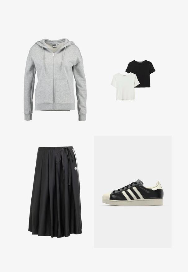 Šedá zapínacia mikina vyrobená z mäkkej bavlnenej zmesi. Má podšívkovanú kapucňu, dve predné vrecká a rebrované manžety a spodný lem.; Dve tričká s krátkym rukávom, jedno čierne a jedno biele, vyrobené z jemnej bavlny. Obidve majú okrúhly výstrih a voľný strih.; Čierna midi sukňa s elastickým pásom, bočným viazaním, bielymi pruhmi a logom Adidas trefoil na pravej strane.; Čierne kožené tenisky s bielymi pruhmi, gumenou špičkou, čiernymi šnúrkami a krémovobielou podrážkou. Hladký povrch s lesklým finišom.