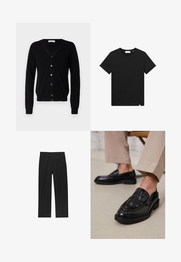 pure cashmere MEN V NECK CARDIGAN - Kardigan - black; Černé tričko s krátkým rukávem vyrobené z bavlny, s kulatým výstřihem a malým vyšitým logem na hrudi. Hladká textura, standardní střih.; Černé kalhoty s rovnými nohavicemi, vyrobené z hladké tkaniny. Mají přední záhyby a jedno knoflíkové zapínání v pase.; Černé kožené loafers s hladkým povrchem, zdobené páskem a kontrastním prošíváním, spárované s béžovými kalhotami.