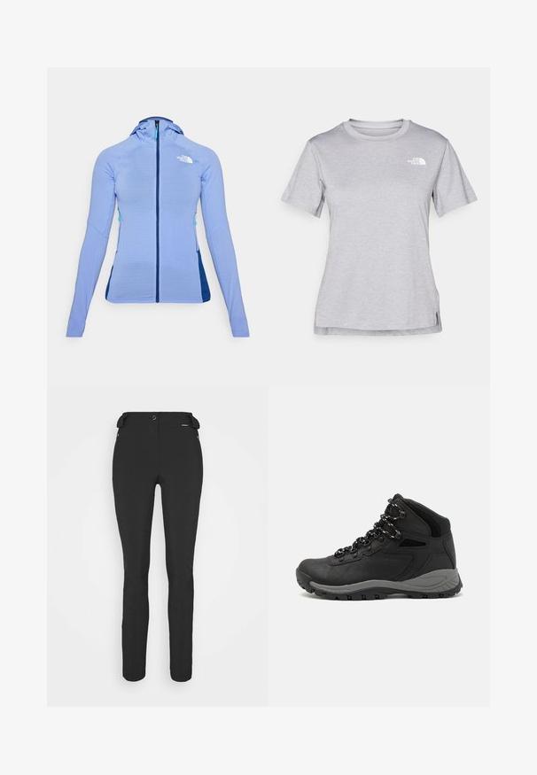 Light blue zip-up jacket with hood, ribbed texture, and contrasting navy side panels. Features logo on chest and zippered pockets.; Grey short-sleeve t-shirt made of soft, moisture-wicking fabric. Features a crew neck and a small white logo on the upper left.; Black, fitted pants made from a flexible material. Features include a zippered side pocket, articulated knees, and a smooth texture.; Black hiking boot with a mid-top design, featuring a textured upper, gray accents, and durable rubber sole with traction lugs.