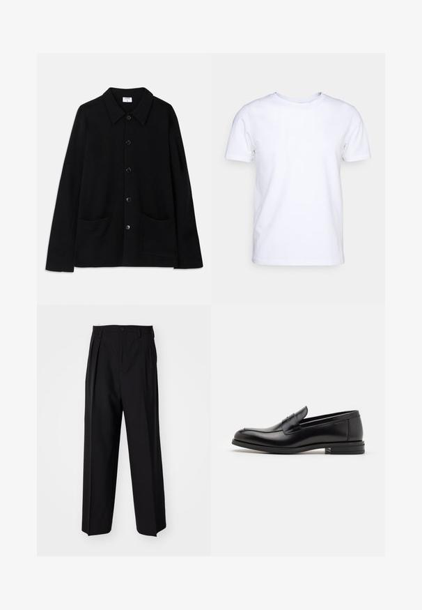 Jachetă neagră cu butoni, cu guler, două buzunare frontale și o țesătură texturată. Are cinci butoane pe față.; Tricou alb cu mânecă scurtă din material de bumbac, cu guler rotund. Design simplu, fără tipare sau accente. Textură netedă.; Pantaloni negri plisat cu un design drept și pantaloni largi. Construiți dintr-un material neted, prevăzuți cu închidere cu nasture și bucle pentru curea.; Mocasini din piele neagră cu o textură netedă, vârf rotund și o curea decorativă peste partea superioară. Toc mic, design minimalist.