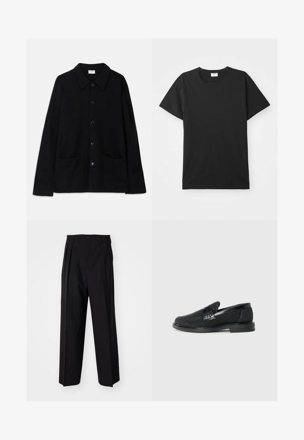 Melnas pogas žaketes ar apkakli, diviem priekšējiem kabatām un teksturētu audumu. Iezīmē piecas pogas priekšpusē.; Melnas īsām piedurknēm T-krekls ar apaļu apkakli, izgatavots no gludas kokvilnas auduma. Vienkāršs dizains bez rakstiem vai akcentiem.; Melnas plisētās bikses ar taisnu, plata kāja dizainu. Izgatavotas no gludas auduma, ar pogu aizdari un jostas cilpiņām.; Melnas austas slaidu kurpes ar gludu ādas akcentu augšpusē, apaļas formas purngalu un zemas profila gumijas zoli.
