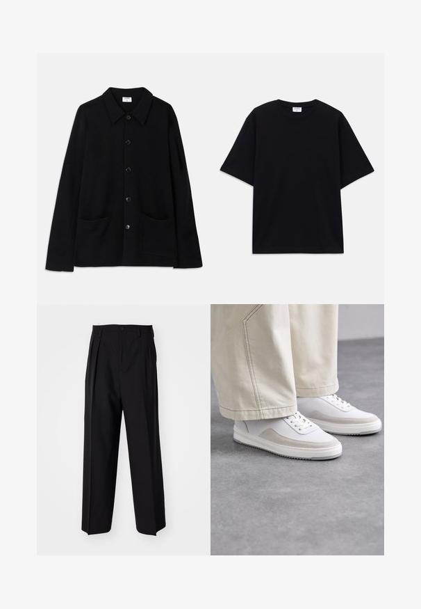 Black button-up jacket with a collar, two front pockets, and a textured fabric. Features five buttons down the front.; Black short-sleeve oversized T-shirt with round neckline and visible Filippa K brand label inside the collar.; Black pleated trousers with a straight, wide-leg design. Made from smooth fabric, featuring a button closure and belt loops.; White sneakers with a smooth leather upper, beige suede accents, flat laces, and a textured rubber sole, paired with light-colored wide trousers.