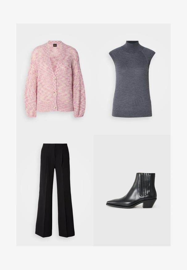 Różowy i kremowy sweter z dzianiny, z dekoltem w serek, długimi rękawami i czterema dużymi guzikami. Posiada luźny krój i teksturowany wzór.; Szary bezrękawnik typu golf, dopasowany krój, prążkowana faktura, gładki materiał, z wysokim kołnierzem i stylowymi wcięciami na ramionach.; Czarne spodnie wykonane z gładkiej tkaniny, z wysokim stanem, szerokimi nogawkami oraz dwoma frontowymi zakładkami dla dodatkowego efektu wizualnego.; Czarne skórzane botki za kostkę z wysmuklonym noskiem, elastycznymi bocznymi panelami z pionowymi rowkami oraz niskim blokowym obcasem. Gładka tekstura i elegancki design.