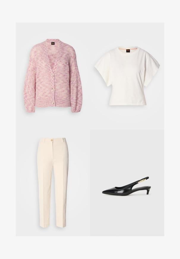 Ružičasta i kremasta pletena kardigan s V-izrezom, dugim rukavima i četiri velika gumba. Ima opušteni kroj i teksturirani uzorak.; Bijeli skraćeni T-shirt, široke kratke rukave, mekani pamučni materijal, okrugli izrez s suptilnim narančastim detaljem, minimalistički dizajn, bez uzoraka ili grafika.; Kremaste, hlače visokog struka napravljene od strukturirane tkanine. Imaju prednje kopčanje na dugme i sužene nogavice.; Crne kožne sandale s petom, s izduženim vrhom, imaju usku petu i zlatni akcent na podesivoj traci. Glatka tekstura.