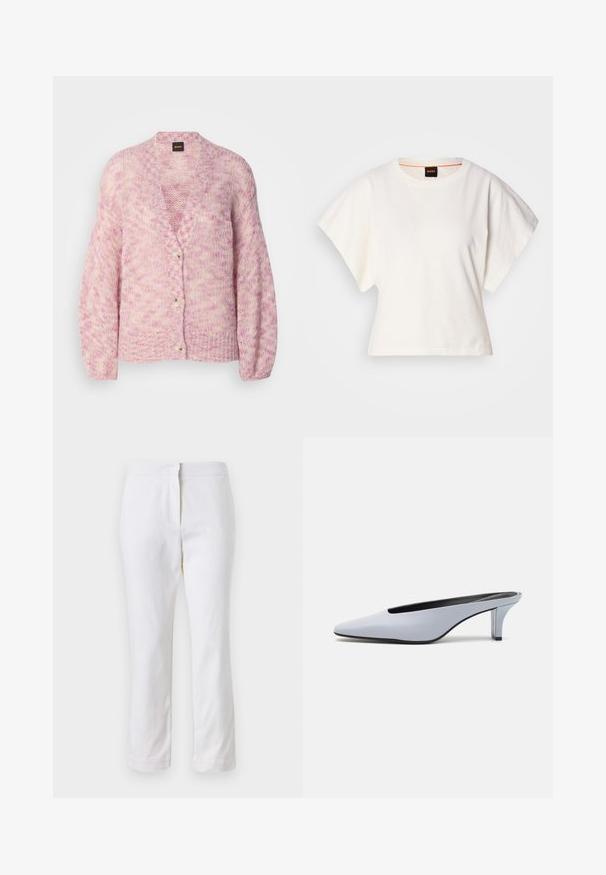 Cardigã tricotado em rosa e creme com decote em V, mangas longas e quatro botões grandes. Apresenta um corte solto e um design de padrão texturizado.; T-shirt branco cropped, mangas curtas e largas, material de algodão suave, decote redondo com um discreto acabamento laranja, design minimalista, sem padrões ou gráficos.; Calças de algodão brancas com um design de perna reta, apresentando uma cintura de altura média e sem hardware ou padrões visíveis. Textura suave por toda a peça.; Mule de pele patente azul claro com bico alongado, salto baixo transparente e um design elegante com um recorte no vamp.