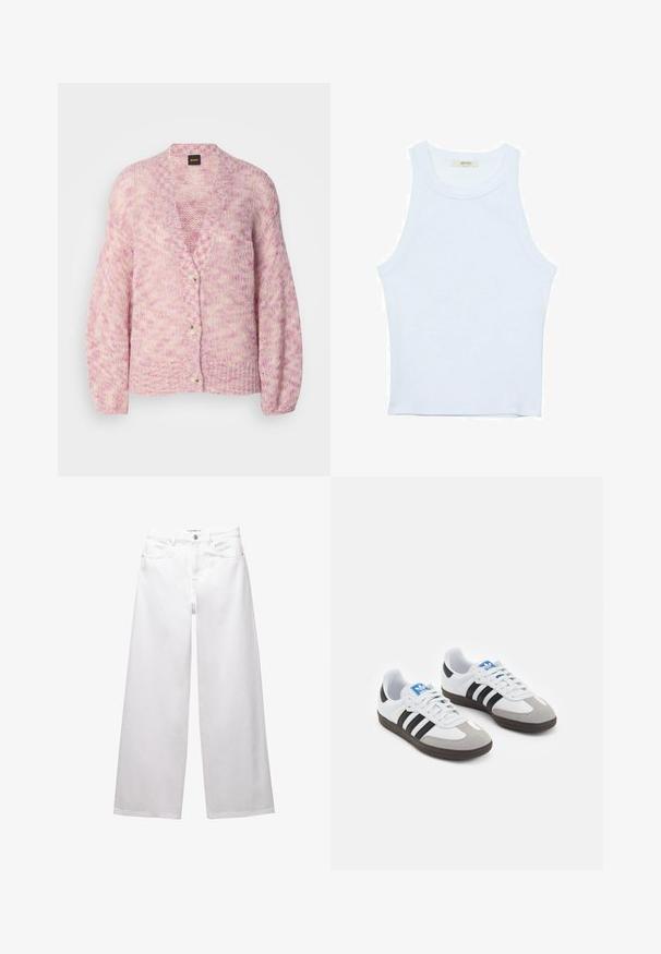 Růžový a krémový pletený kardigan s V výstřihem, dlouhými rukávy a čtyřmi velkými knoflíky. Má volný střih a texturovaný vzor.; Bílý top bez rukávů, žebrovaná textura, kulatý výstřih, obtáhnutý střih, decentní značka na štítku uvnitř oblasti límce.; Bílé široké džíny vyrobené z denimu. Obsahují zapínání na knoflík, přední a zadní kapsy a šité švy. Hladká textura s minimálními detaily.; Sportovní boty s bílým koženým svrškem, šedou semišovou špičkou a třemi černými pruhy. Obsahují modré logo na jazyku a texturovanou gumovou podrážku.