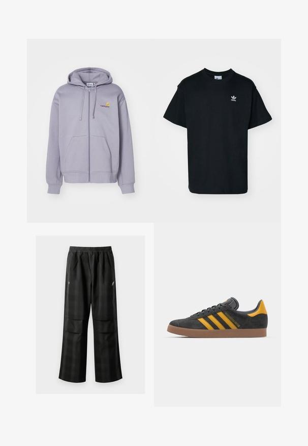 Light purple zip-up hoodie made of soft fabric, featuring a front pocket, drawstring hood, and embroidered logo on the chest.; Black cotton t-shirt with a crew neck and short sleeves, featuring a small white Adidas logo on the left chest area.; Black plaid pants featuring an elastic waistband, two front pockets, and a loose fit with a straight leg design. Made from lightweight material.; Black suede sneaker with yellow accents, featuring three stripes and a brown rubber sole. Includes a padded tongue for comfort.