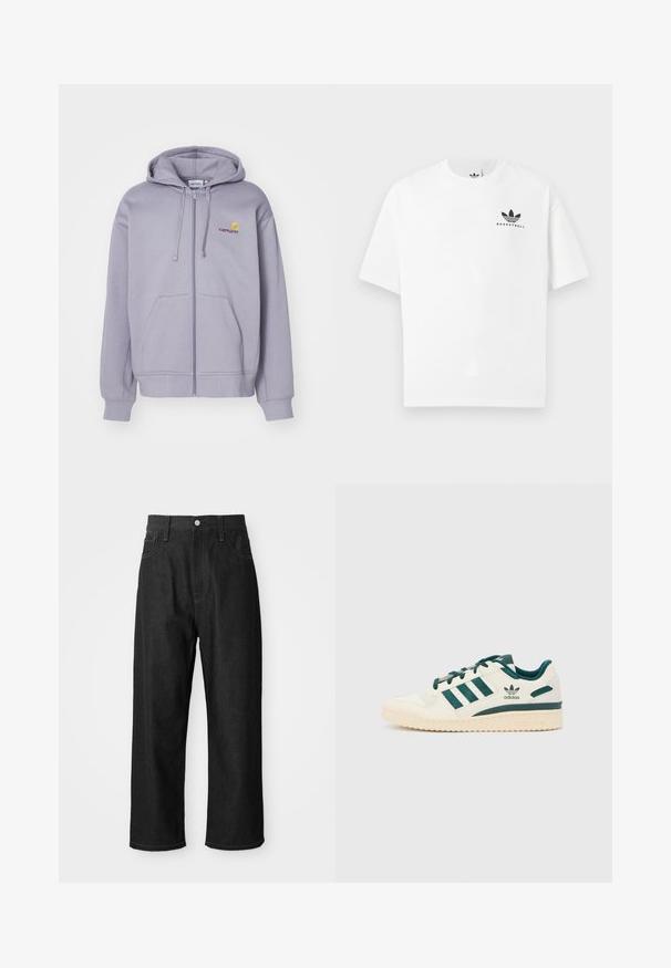 Gaiši purpura kapuce ar rāvējslēdzēju, izgatavota no mīksta auduma, ar priekšējo kabatu, auklu kapuci un izšūtu logo uz krūšu.; Baltas kokvilnas T-krekls ar īsām piedurknēm, uz kura priekšpuses ir melns "BASKETBALL" logs un ikoniskais trīs svītru dizains.; Melnas džinsus bikses ar brīvu piegriezumu, augstu vidukli, rāvējslēdzēja aizdari un piecu kabatu dizainu. Redzama šuvju akcenti visā virsmā.; Balta sporta apavi ar zaļiem akcentiem. Aprīkoti ar trim zaļām svītrām, struktūrizētu purna daļu un logo uz sāna. Gumijas zole ar tekstūru rakstu.