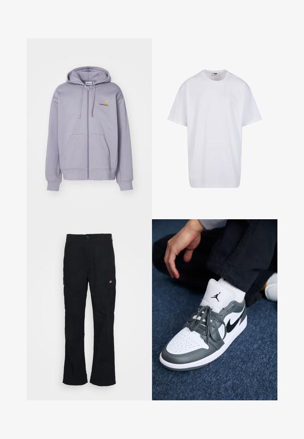 Hamac violet clair à zip en tissu doux, doté d'une poche avant, d'une capuche avec cordon de serrage et d'un logo brodé sur la poitrine.; T-shirt en coton blanc avec des manches courtes, un col rond, une coupe décontractée et sans logos ni motifs visibles. Texture lisse et design minimaliste.; Pantalons cargo noirs avec une coupe droite, fabriqués en tissu durable, dotés de poches latérales et d'un logo en patch sur le côté gauche.; Baskets Nike Air Jordan 1 en cuir blanc et gris, avec un logo noir, un bout perforé et des lacets plats gris.