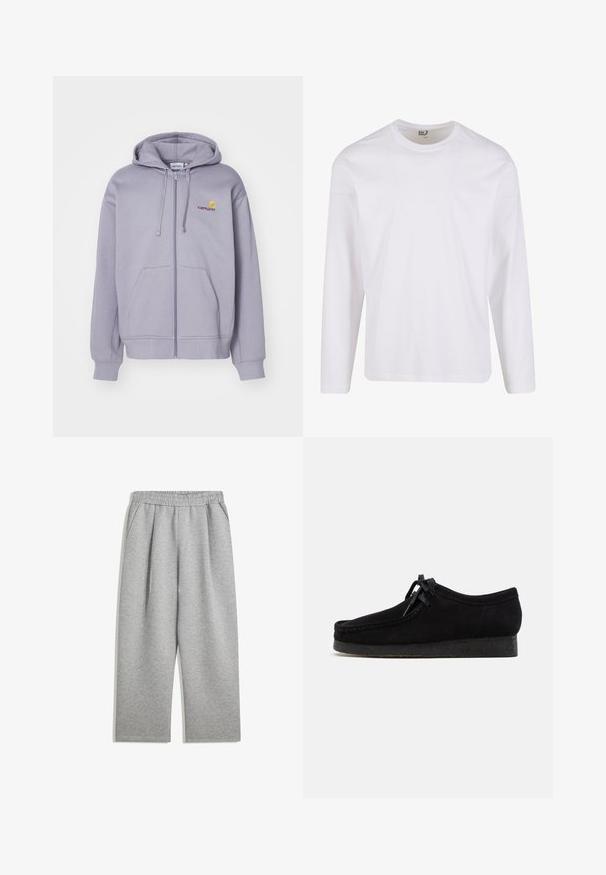 Light purple zip-up hoodie made of soft fabric, featuring a front pocket, drawstring hood, and embroidered logo on the chest.; White long-sleeve t-shirt made from soft cotton, featuring a round neckline and clean, seamless design with no graphic patterns or embellishments.; Light gray sweatpants with elastic waistband and side pockets, straight leg cut, made of soft fabric.; Black suede shoes with a rounded toe design, a lace-up front, and a textured black rubber sole. Smooth upper with subtle stitching detail.