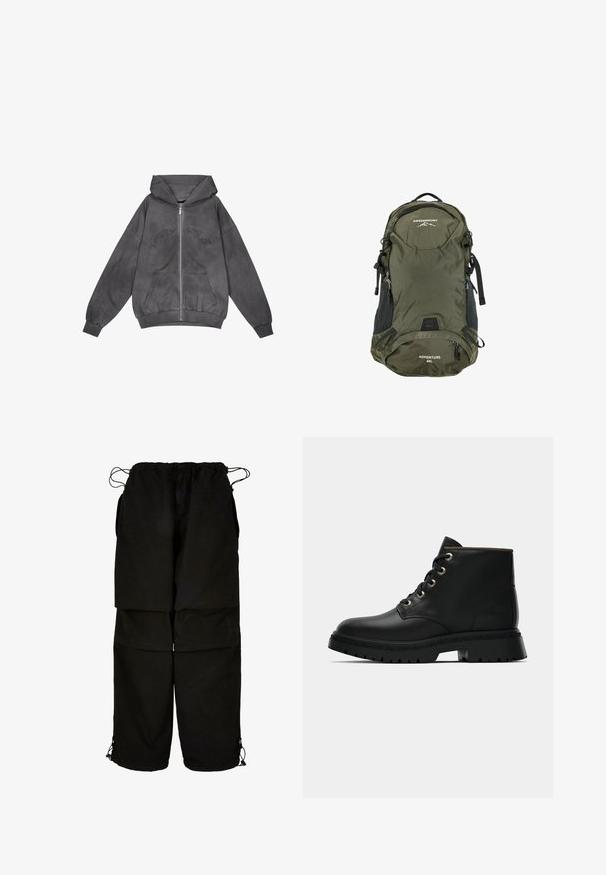 Pegador JULIA OVERSIZED - Zip-up sweatshirt - oil dyed deep grey; Dark green long-sleeve top with a crew neckline, featuring dotted textured accents on the sleeves and a cropped hem. Includes thumb holes.; Black pants made of lightweight fabric, featuring an adjustable waistband and drawstring hems. Designed with a loose, oversized fit and multiple pockets.; Black leather ankle boot with round toe, gold eyelets, and textured sole. Features padded collar and distinctive logo on the side.; Olive green nylon backpack with black accents, 40L capacity, adjustable straps, front zip pockets, and a textured grid pattern.