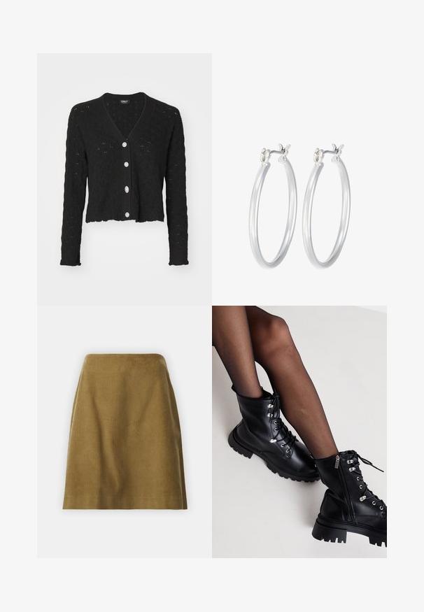 ONLY ONLLIANA LIFE V NECK CARDIGAN - Strickjacke - black; Drei langärmelige Oberteile gestapelt: schwarz, grau und weiß. Jedes hat einen runden Halsausschnitt und ein kurzes Design aus glattem, leichtem Stoff.; Selected Femme SLFJENNY NEWIBI SKIRT - A-Linien-Rock - camel; Even&Odd Wide Fit Schnürstiefelette - black; Silberne Creolen mit einer glatten, polierten Oberfläche. Runder Form und sicherem Klickverschluss. Leichtes Design, geeignet für den täglichen Gebrauch.