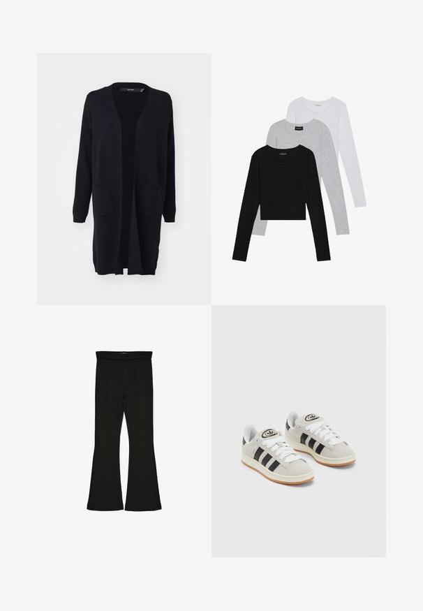 Mustast pehmest kangast pikad varrukad, avatud eesmine disain, kaks eesmist taskut ning soonikust mansetid ja alumine äär.; Kolm pikkade varrukatega toppi, mis on üksteise peale asetatud: must, hall ja valge. Igal ühel on ümar kaelus ja lühike disain, valmistatud siledast, kergekaalulisest kangast.; Mustad mustad sääred, mis on valmistatud venivast kangast. Omab laia vööd ja siledat tekstuuri, sobituv siluett, mis laieneb allservas.; Hallid hallid nahkrennid valgete paeltega, mustade triipudega ja valge kummitaldiga. Omab ümmargust logo keeles ja kummitalda.