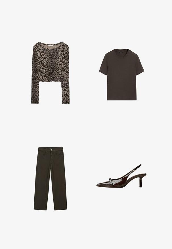 Afklippet langærmet cardigan i et beige og sort leopardmønster. Ribb struktur med rund hals og sorte knapper ned foran.; Mørkebrun kortærmet t-shirt lavet af bomuld. Har en rund halsudskæring og en afslappet pasform, uden synlige mønstre eller detaljer.; Mørkegrønne brede jeans lavet af en bomuldsblanding, med en frontlukning med knap, fem lommer og klassisk denim-syning.; Brun patentlæder slingback sko med spids tå, lav hæl og en dekorativ sløjfe foran. Glat, skinnende tekstur.