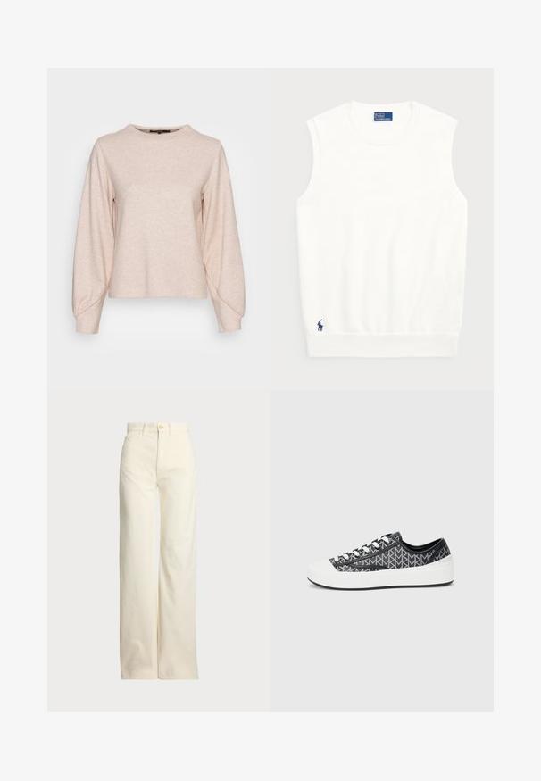 someday. URMEL COSY - Camisola - pearl mélange; Sweater branco sem mangas, feito de algodão liso, com uma bainha canelada e um pequeno logotipo em navy na parte inferior esquerda. Design simples, sem padrões.; Polo Ralph Lauren COTTON CORDUROY WIDE-LEG PANT - Calças - warm white; Sapatilhas com padrão preto e cinza, apresentando uma biqueira de borracha branca, design com atacadores e detalhes texturizados pretos nas laterais.
