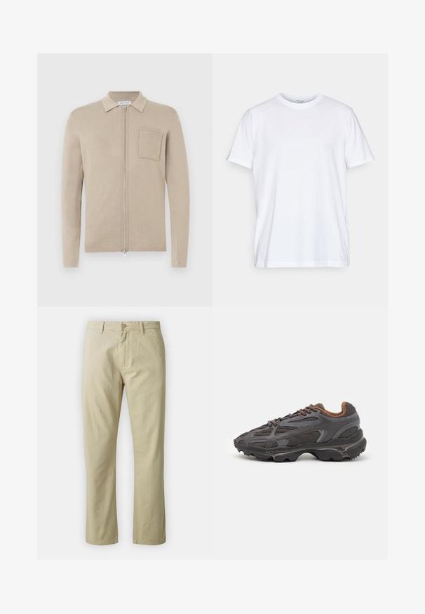 Bežový svetrový kardigán na zips s dlhými rukávmi, golierom a predným vreckom. Vyrobený z mäkkej pleteniny, s hladkým povrchom a minimalistickým dizajnom.; Biela bavlnená tričko s krátkymi rukávmi, okrúhlym výstrihom a voľným strihom. Má minimalistický dizajn, bez vzorov alebo akcentov.; Béžové bavlnené nohavice so strihaťou rovného strihu, predným zapínaním na gombík a pútkami na opasok. Hladká textura, bez viditeľných vzorov alebo akcentov.; Lacoste tenisky v tmavo sivej farbe z nylonu a syntetického materiálu, s textúrovanou podrážkou a hnedými akcentami na golieri a brandingu.