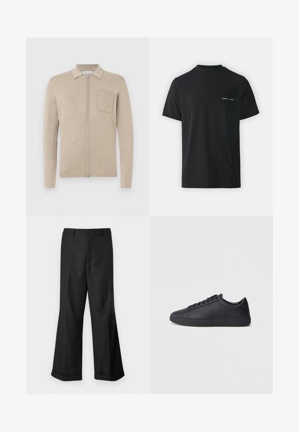 Beige Reißverschluss-Strickjacke mit langen Ärmeln, Kragen und Vordertasche. Hergestellt aus weichem Strickmaterial, mit glatter Textur und minimalistischem Design.; Schwarzes Baumwoll-T-Shirt mit klassischem Rundhalsausschnitt, kurzen Ärmeln und zwei kleinen weißen "SAMSØE"-Logos auf der linken Brust.; Schwarze weit geschnittene Hosen mit geknöpftem Bund und umgeschlagenen Säumen, vor einem schlichten weißen Hintergrund präsentiert.; Schwarze Sneaker aus glattem Leder mit einem tiefen Design, runder Zehenform und flacher Gummi-Sohle. Mit Schnürsenkeln und dezentem Branding.