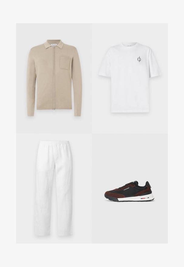 Bežna zip-up kardigan sa dugim rukavima, ovratnikom i prednjim džepom. Izrađena od mekog pletenog materijala, sa glatkom teksturom i minimalističkim dizajnom.; Bijela pamučna majica s opuštenim krojem, s malim crnim grafičkim logotipom na lijevoj prečki. Kratki rukavi, okrugli izrez.; Bijele lanene hlače s elastičnim pojasom, ravnim krojem i mekanom teksturom bez vidljivih uzoraka ili metalnih detalja.; Tommy Hilfiger RETRO RUNNER MIX - Tenisice - black/cocoa