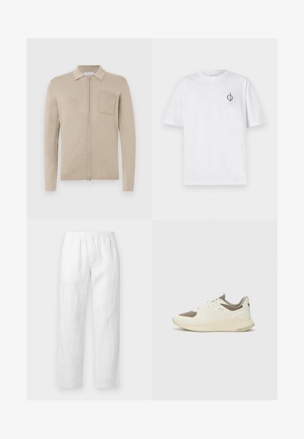 Beige glidelås-genser med lange ermer, krage og frontlomme. Laget av mykt strikket materiale, med en jevn tekstur og minimalistisk design.; Hvit bomull t-skjorte med avslappet passform, med en liten svart grafisk logo på venstre brystområde. Korte ermer, rund hals.; Hvite linbukser med elastisk midjebånd, rette ben og myk tekstur uten synlige mønstre eller metallbeslag.; Hvit og lysebeige treningssko, med en mesh-overdel, perforerte detaljer og en teksturert mellomsåle med merkevare på hælen.