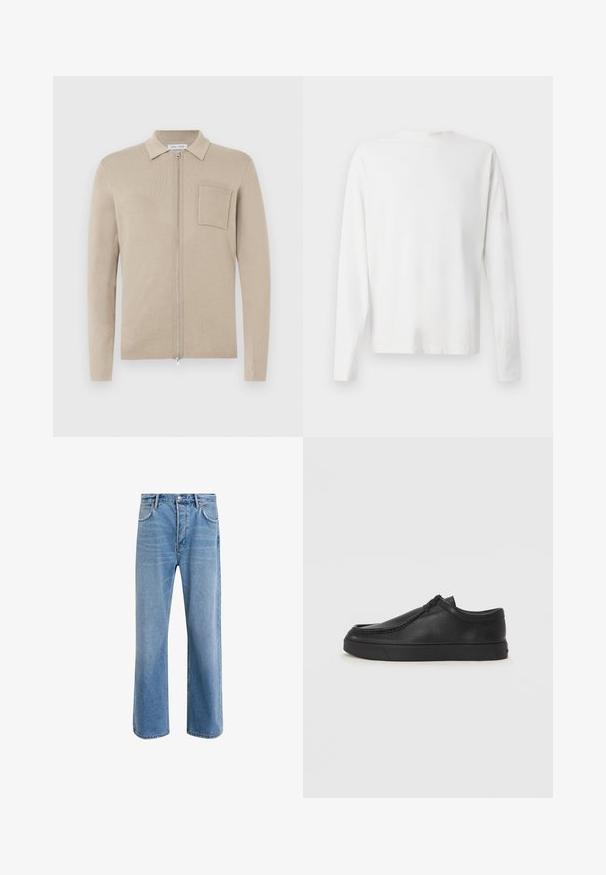 Beżowy sweter zapinany na zamek, z długimi rękawami, kołnierzykiem i przednią kieszenią. Wykonany z miękkiego dzianiny, o gładkiej teksturze i minimalistycznym designie.; Biała, bawełniana koszula z długim rękawem, okrągłym dekoltem, bocznymi rozcięciami na dole oraz gładką fakturą, wyeksponowana z tyłu.; Jasnoniebieskie dżinsy o prostym kroju, pięć kieszeni, zapięcie na guzik, minimalne blaknięcia i kontrastowe wykończenia szwów.; Czarne skórzane buty wsuwane z okrągłym noskiem, przeszyciami i czarną gumową podeszwą. Gładka faktura z minimalistycznym wzornictwem.