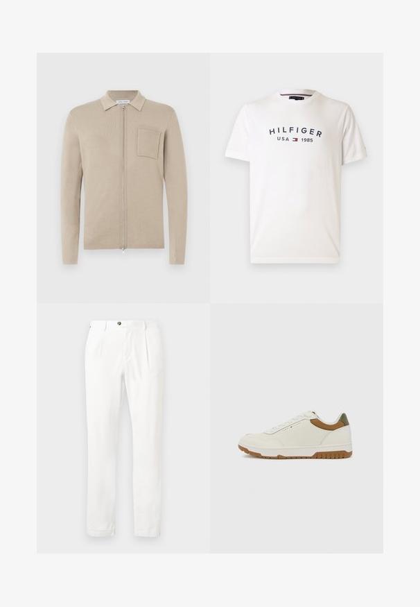 Cardigan beige con zip, maniche lunghe, colletto e tasca frontale. Realizzato in morbido materiale a maglia, presenta una texture liscia e un design minimalista.; T-shirt bianca in cotone con collo rotondo, maniche corte e un logo centrale che recita "HILFIGER USA 1985" in blu navy con un emblema rosso e blu.; Pantaloni bianchi con parte anteriore piatta, due pieghe e chiusura con bottone. Realizzati in tessuto leggero, presentano gambe dritte e risvolti.; Tommy Hilfiger BASKET CORE - Sneakers basse - ecru/army green