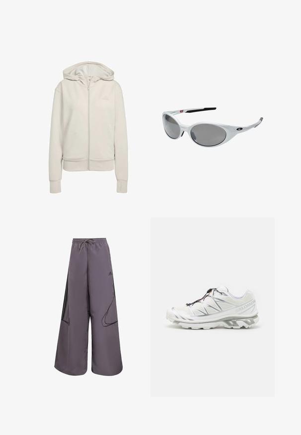 Felpa con zip di un grigio chiaro realizzata in tessuto morbido. Presenta un cappuccio a doppio strato, polsini a coste e un logo discreto sul lato sinistro del petto.; Maglietta sportiva a maniche lunghe in tessuto bianco, con colletto rotondo e logo Adidas nero sulla spalla sinistra e sul lato.; Pantaloni larghi viola realizzati in tessuto leggero, con vita regolabile, tasche laterali, dettagli neri e logo.; Scarpa sportiva bianca con upper testurizzato, dettagli riflettenti e suola grigia. Presenta motivi triangolari accentuati e un sistema di lacci rapidi.; Occhiali da sole bianchi in plastica con grandi lenti ovali, leggermente grigie. Presentano gommature nere sulle orecchie e un piccolo logo sulla montatura. Finitura liscia.