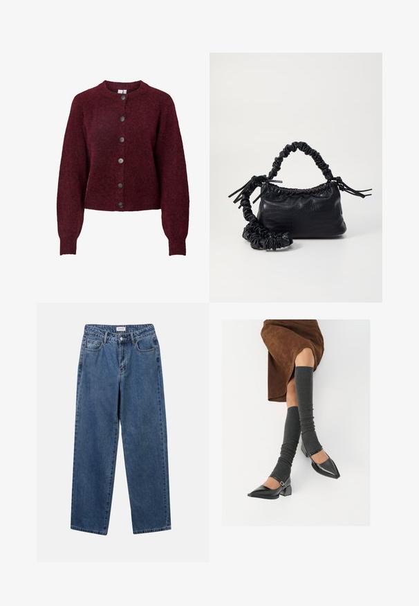 Burgundijas vilnas kardigans ar apaļu kaklu un sešiem melniem pogām priekšpusē, ar garām piedurknēm un ribotām aprocēm un apakšmalu.; Gaiši rozā bezpiedurkņu tops, kas izgatavots no mīkstas, elastīgas auduma. Tam ir apaļa kakla izgriezuma forma un šauras plecu lences, ar gludu tekstūru un pieguļošu siluetu.; Klasiskie zili džinsi ar taisnu kāju dizainu, pieciem kabatām un pogu aizdari. Iezīmējas ar vidēju mazgāšanu un izturīgu tekstūru.; Melnas laka ādas apavi ar norādītu purngalu, blokveida papēdi un potīšu jostu, saskaņoti ar pelēkām ribotām kāju sildītājām un brūnu zamšādas svārku.; Melnā mākslīgās ādas rokassoma ar krokodila rakstu, savilkta augšdaļa un saburzīta siksna. Izskatās mīksta un kompakta pēc dizaina.