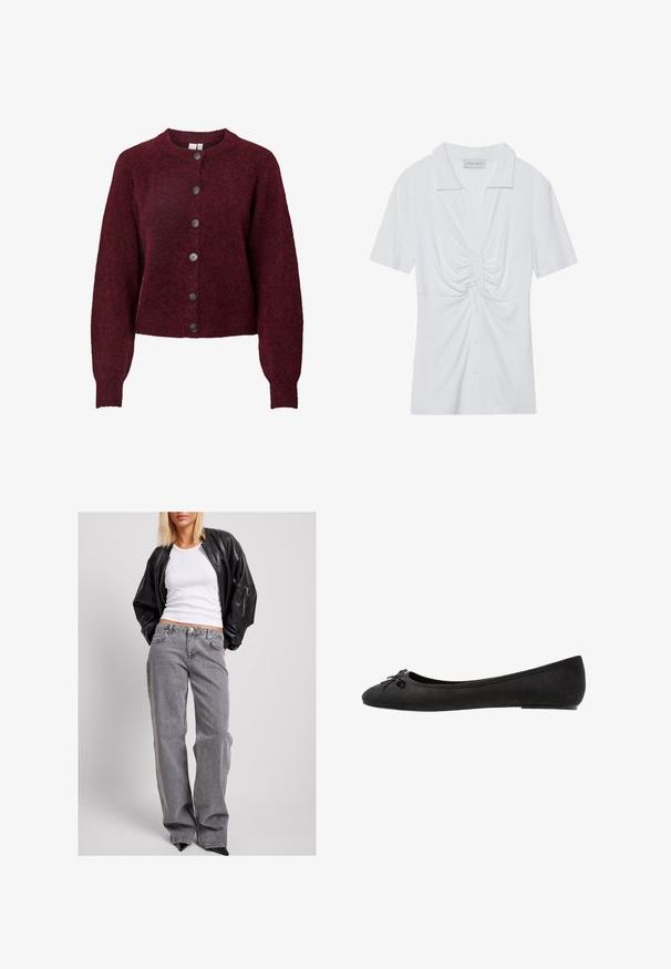 Burgundy ullkofta med rund halsringning och sex svarta knappar framtill, med långa ärmar och ribbade mudd och nederkant.; Vit kortärmad blus med krage, som har en vriden knutdetalj framtill och en knappslå. Slät ribbtextur.; Svart läderbombarjacka, vit ribbad linne och hög midja grå denimjeans med lös passform, subtila sömmar och fickor med accent.; Svarta mocka ballerinas med rund tå, prydda med en dekorativ rosett framtill och en platt sula. Slät yta och klassisk form.