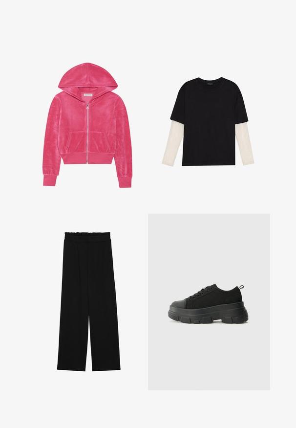 Roze fluwelen hoodie met ritssluiting, voorzakken, geribde manchetten en een capuchon, plat gelegd op een witte achtergrond.; Zwarte T-shirt van katoen, met korte mouwen over een witte lange mouw laag met een subtiel textuurpatroon. Ronde hals ontwerp.; Zwarte wijde broek met een gerimpelde tailleband, voorzien van twee zijzakken en een soepele, lichte stof. Geen zichtbare patronen of hardware.; Zwarte sneakers met een stevige rubberen zool, textiel bovenwerk, ronde neus en vetersluiting. Beschikt over versterkte oogjes en een trekstrip aan de achterkant.