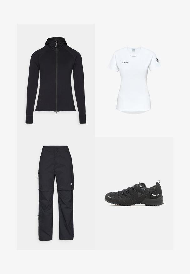 Giacca sportiva nera con zip e cappuccio, maniche lunghe e dettagli delle cuciture. Presenta una cerniera a tutta lunghezza e tasche laterali.; Maglietta atletica bianca a maniche corte con colletto rotondo, dotata di un logo sul petto e una texture di tessuto liscia e leggera.; Pantaloni cargo in nylon nero con zip rimovibile, polsini regolabili, molteplici tasche e un logo sulla gamba destra. Tessuto liscio e leggero.; Scarpe da trekking nere con tomaia in tessuto testurizzato, sistema di allacciatura e suola in gomma robusta. Accentuate da dettagli riflettenti e loghi.