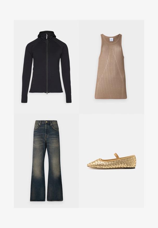 Veste de sport noire zippée avec capuche, manches longues et coutures détaillées. Elle comporte une fermeture éclair sur toute la longueur et des poches latérales.; Débardeur en tricot beige sans manches avec une texture côtelée, présentant une forme en A et des détails de couture diagonale subtils.; Jean flare en denim bleu foncé avec un délavage, comportant cinq poches, une fermeture à bouton et des détails de couture contrastants.; Loeffler Randall LEONIE SOFT BALLET FLAT - Babies - gold