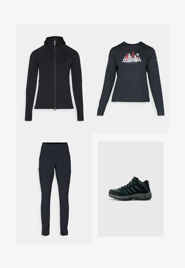 Veste de sport noire zippée avec capuche, manches longues et coutures détaillées. Elle comporte une fermeture éclair sur toute la longueur et des poches latérales.; Chemise à manches longues gris foncé avec un motif d'arbres rouges et de montagnes ; logo "COLUMBIA" en lettres blanches en gras. Tissu doux, col rond standard.; Pantalons de sport noirs à coupe ajustée, avec une taille élastique et une poche latérale zippée. Tissu lisse et extensible avec des coutures minimales.; Columbia REDMOND - Chaussures de marche - black/citron haze