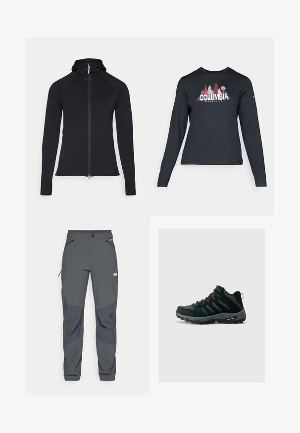 Čierna športová zip-up bunda s kapucňou, dlhými rukávmi a zošívaním. Má plný zips a bočné vrecká.; Dlhý rukáv, tmavošedá košeľa s grafikou červených stromov a hôr; logo "COLUMBIA" v tučnom bielom texte. Mäkká tkanina, štandardný okrúhly výstrih.; Tmavošedé vonkajšie nohavice s vystuženými kolenami, so zipsom na bočných a predných vreckách, zapínaním na gombík a logom The North Face na stehne.; Columbia REDMOND - Turistické topánky - black/citron haze