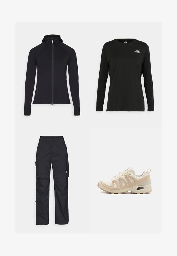 Mustmust must ja kapuutsiga must treeningjakke, pika varrukaga ja õmblustäidetusega. Omab täispika kattega tõmblukk ja küljetaskud.; Must mustahiheline T-särk, millel on pikad varrukad, valmistatud puuvillast ja ümarast kaelusest. Vasakul rinnal on väike valge logo. Lihtne disain ja sobivus.; Mustad nailonist valmistatud eemaldatavad cargo-püksid, reguleeritavate pahkluudega, mitmete taskutega ja paremal jalal logoga. Sile, kerge tekstuur.; Beež ja koobalti spordijalats tekstureeritud võrkkattega, toetavad ülemised kihid ja kummist tallaga, millel on mustriga joonistus haardeks.