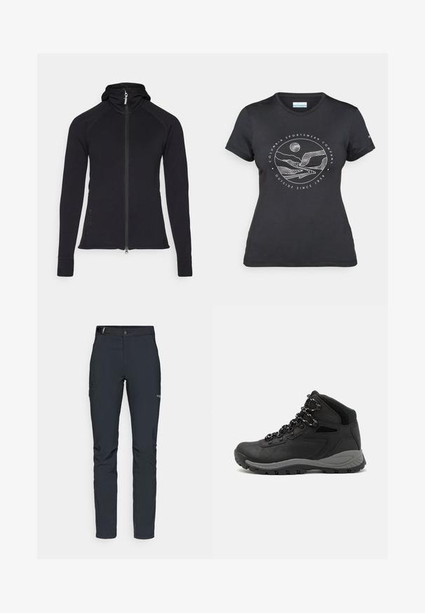 Črna športna zip jakna s kapuco, dolgimi rokavi in detajli na šivih. Ima dolgi zadrgo in stranske žepe.; Črna majica Columbia z belim krožnim risanjem gora in reke ter napisom "Columbia Sportswear Company Outside Since 1938."; Moške zunanje hlače, temno siva, izdelane iz fleksibilnega materiala, z pasom, žepom na zadrgo in ojačanim šivanjem.; Črne pohodniške čevlje z srednje visokim dizajnom, ki imajo teksturirano zgornji del, sivi dodatki in vzdržljiv gumen podplat s protizdrsnimi izboklinami.