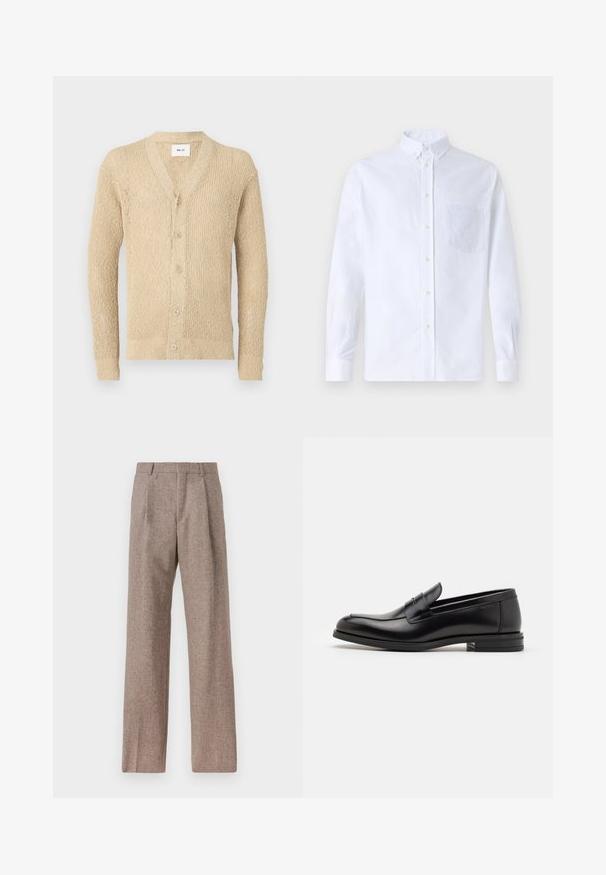 Cárdigan de punto beige con escote en V, botones frontales y mangas largas. Presenta un patrón texturizado en toda la tela.; Camisa blanca de manga larga y botonadura frontal, hecha de algodón, con un bolsillo en el pecho con bordado tonal, cuello y puños con botones.; Pantalones marrones de cintura alta hechos de una tela texturizada. Presentan piernas anchas y dos pliegues frontales para dar estructura. Acabado limpio sin hardware visible.; Mocasines de cuero negro con una textura suave, puntera redondeada y una tira decorativa en el empeine. Tacón bajo apilado, diseño minimalista.