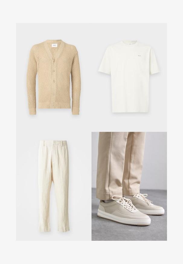 Beige strikket cardigan med v-hals, frontlukking og lange ermer. Har et teksturert mønster i hele stoffet.; En enkel, hvit T-skjorte med korte ermer og liten svart "NN. 07" tekst på venstre bryst mot en lys bakgrunn.; Beige linbukser med løs pasform, smal nederdel og flad front. Har en elastisk talje for komfort og minimal sømdetaljering.; Beige joggesko med teksturert overdel, hvite såler og søm detaljer, sammen med beige bukser, vist på en grå overflate.