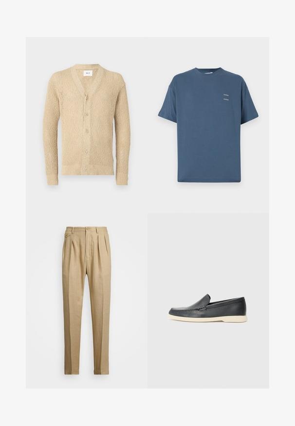 Beige knitted cardigan with a v-neck, front buttons, and long sleeves. Features a textured pattern throughout the fabric.; Blue cotton t-shirt with a classic crew neck, short sleeves, relaxed fit, and two small printed logos on the chest. Smooth texture.; Beige linen trousers with a straight cut, featuring two front pleats, a button closure, and side pockets. Textured fabric with a smooth finish.; Black leather slip-on loafers with a textured finish and a contrasting beige rubber sole. Features a subtle accent along the front.